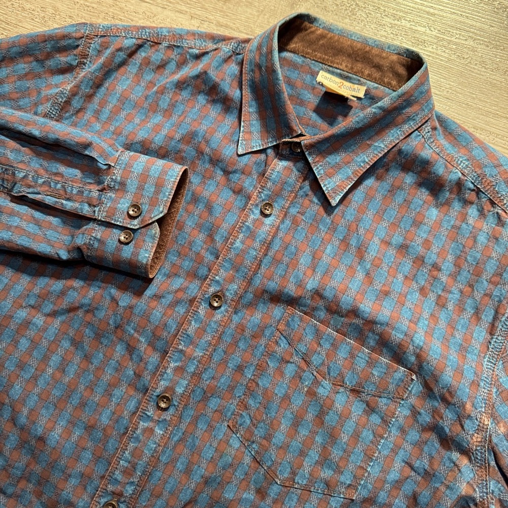 Carbon2Cobalt Shirt Mens L Blue Brown Plaid Cotton Heritage Rugged Button Down